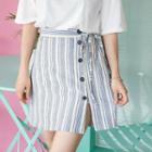 Tie-waist Button-front Striped Skirt