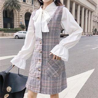 Set: Bow Accent Blouse + Plaid A-line Pinafore Dress Khaki - One Size