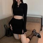 Long-sleeve Frog-buttoned Crop Top / Mini Bodycon Dress / Mini Fitted Skirt