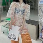 Elbow-sleeve Lace Shirt / Patterned Wide Leg Pants