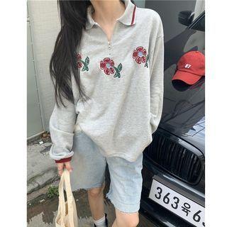 Long-sleeve Flower Print Loose-fit Zip Polo-shirt Gray - One Size
