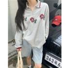 Long-sleeve Flower Print Loose-fit Zip Polo-shirt Gray - One Size