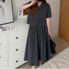Short-sleeve Crop Shirt / Pleated Midi A-line Skirt