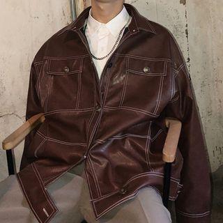 Contrast Stitching Faux Leather Button Jacket