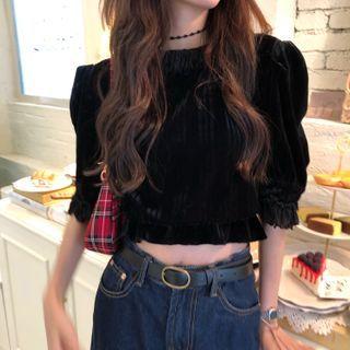 Elbow-sleeve Cropped Velvet Top Black - One Size