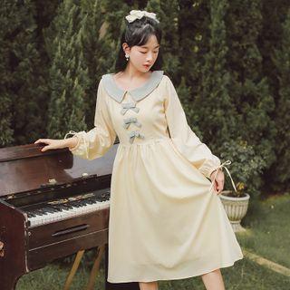 Puff-sleeve Bow Midi A-line Dress