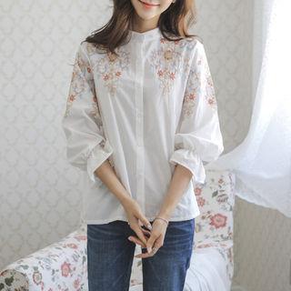 Ruffle-cuff Flower-embroidered Blouse