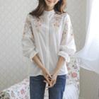 Ruffle-cuff Flower-embroidered Blouse