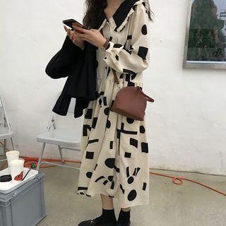 Long-sleeve Patterned Midi A-line Shirt Dress As Shown In Figure - One Size