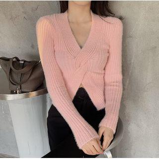 V-neck Front-slit Sweater Pink - One Size