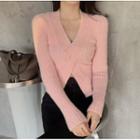 V-neck Front-slit Sweater Pink - One Size