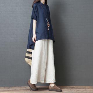 Elbow-sleeve Buttoned Irregular Linen Top