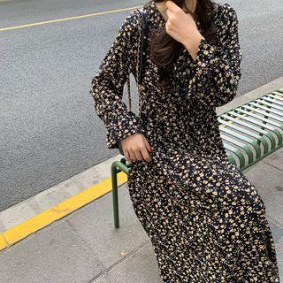 Flower Print Long-sleeve Midi Shift Dress Floral - Black - One Size