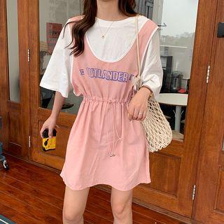 Mock Two Piece Lettering Drawstring Dress