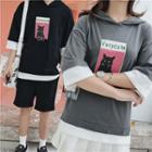 Couple Matching Printed Elbow-sleeve Hooded T-shirt