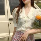 Short-sleeve Collared Blouse Beige - One Size