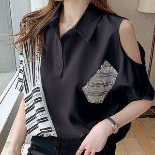 Short-sleeve Cold Shoulder Striped Panel Polo Blouse