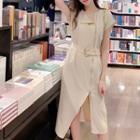 Front Zip Tie Waist Short-sleeve Midi Dress