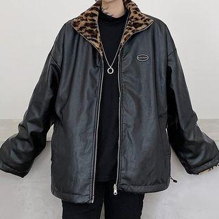 Reversible Fluffy Leopard Print Faux Leather Zip Jacket
