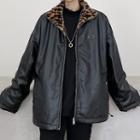 Reversible Fluffy Leopard Print Faux Leather Zip Jacket