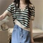 V-neck Striped Cutout Cropped Top