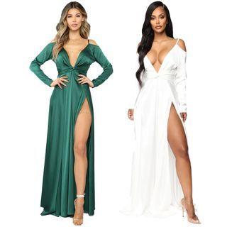 Long-sleeve Cold Shoulder Slit A-line Gown