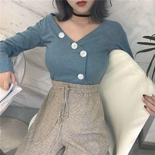 Buttoned V-neck Long-sleeve T-shirt / Wide Leg Pants
