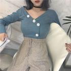 Buttoned V-neck Long-sleeve T-shirt / Wide Leg Pants