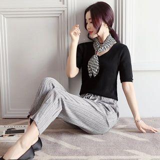 Set: Short-sleeve Top + Drawstring-waist Pants