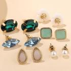 6 Pair Set : Rhinestone / Faux Pearl / Glaze Earring (assorted Designs) Er046 - White & Green & Blue - One Size