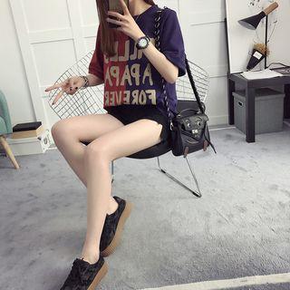 Lettering Two-tone Elbow-sleeve T-shirt