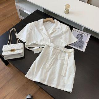 Set: Short-sleeve Notch Lapel Cropped Blouse + Mini A-line Skirt