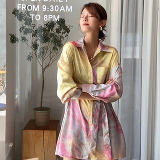 Long-sleeve Tie-dye A-line Mini Shirtdress