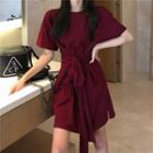 Short-sleeve Tie-front Mini A-line Dress