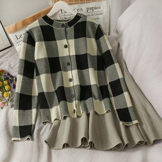Set: Plaid Knit Cardigan + High-waist Mini Skirt Khaki - One Size