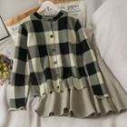 Set: Plaid Knit Cardigan + High-waist Mini Skirt Khaki - One Size