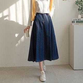 Stitched Long Flared Denim Skirt Dark Blue - One Size