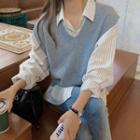 Long Sleeve Striped Shirt / V-neck Knit Vest
