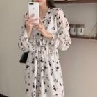 Puff-sleeve Floral Print Midi A-line Dress Black Floral - White - One Size