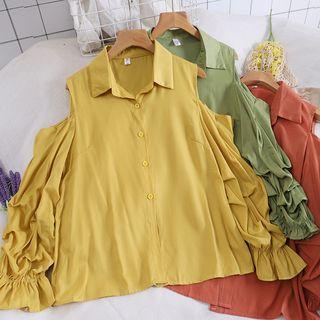 Plain Cutout Frilled Lantern-sleeve Blouse