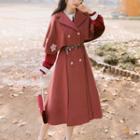 Elbow-sleeve Double Breasted Coat / Dress / Belt / Set