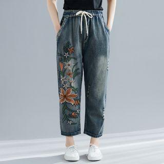 Floral Embroidered Ripped Harem Jeans