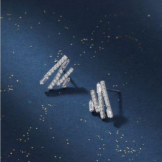 925 Sterling Silver Rhinestone Bar Earring 1 Pair - One Size