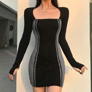 Long-sleeve Square-neck Two Tone Mini Dress
