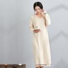 Long-sleeve Floral Embroidered Midi Knit Dress Off-white - One Size