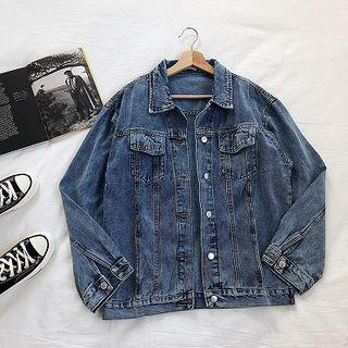 Single-breasted Long-sleeve Denim Jacket Blue - One Size