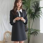 Contrast-trim Faux-pearl Button Dress