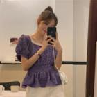 Frill-hem Ruched Short-sleeve Blouse