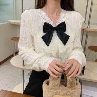 V-neck Ribbon-accent Lace Blouse Almond - One Size