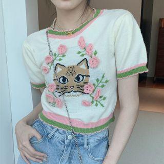 Short-sleeve Knit Top Pink & Green - One Size